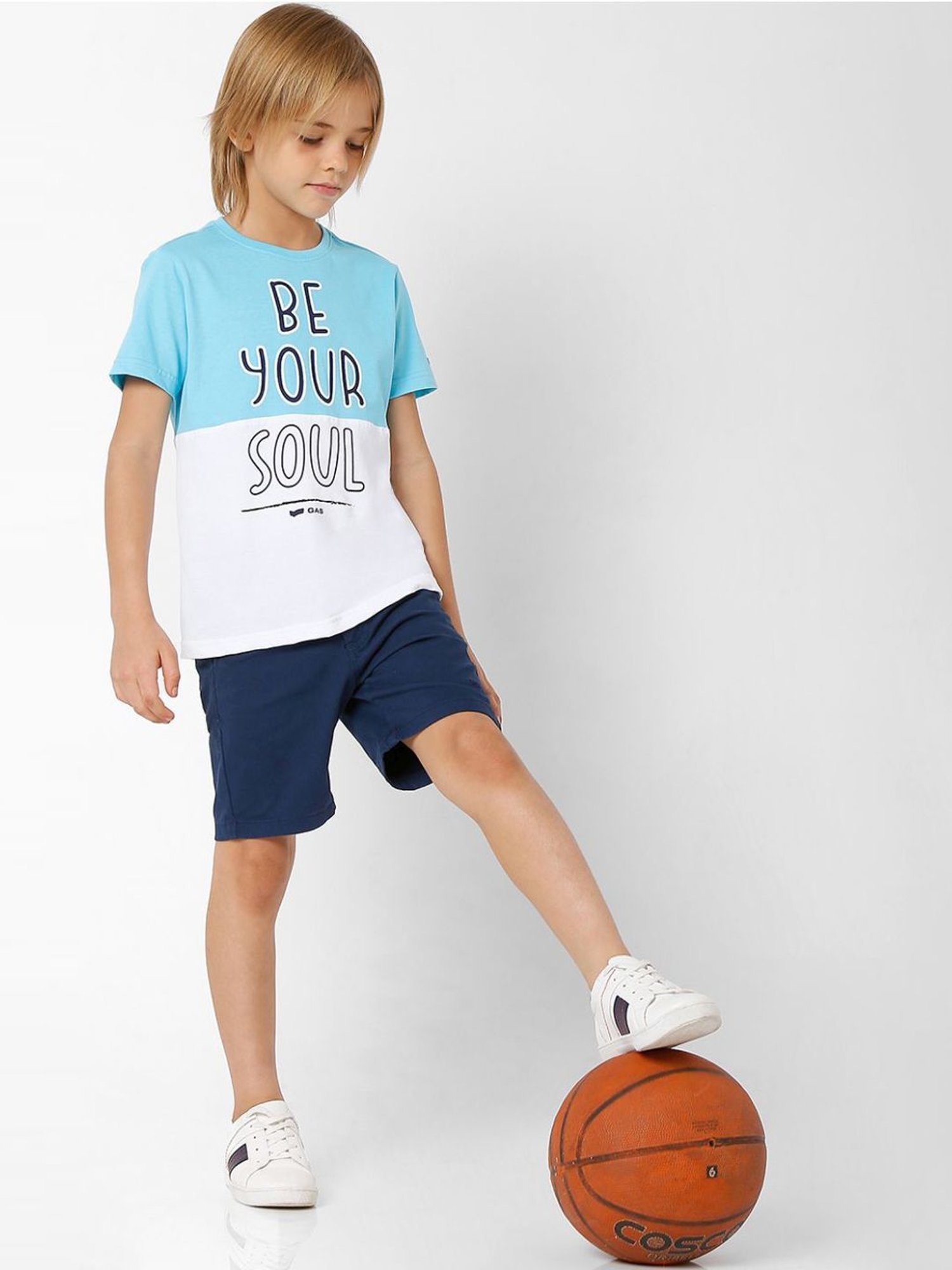 Gas Kids Blue & White Cotton Color Block T-Shirt