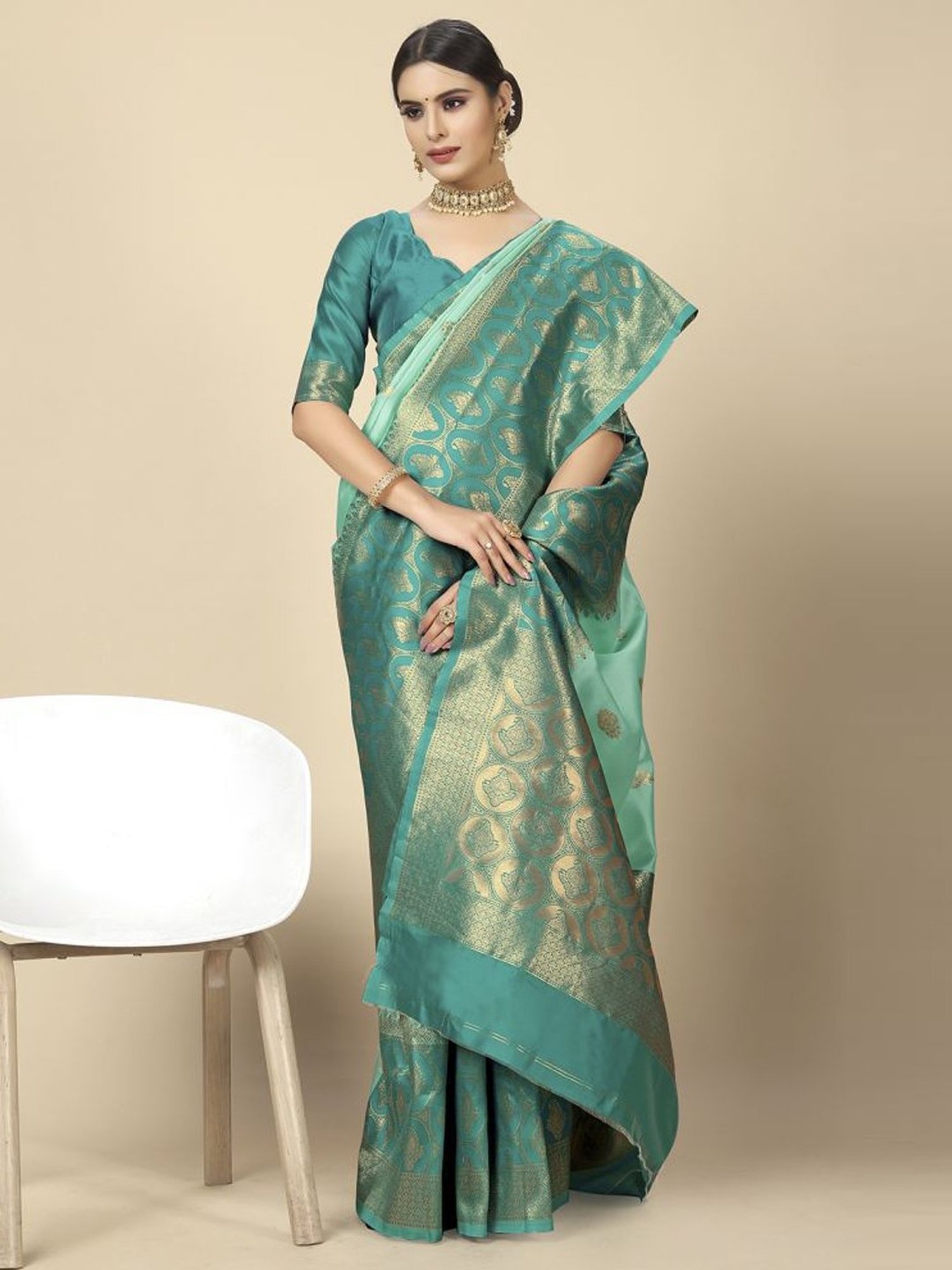 Unnati Silks Red Silk Printed Saree With Unstitched Blouse