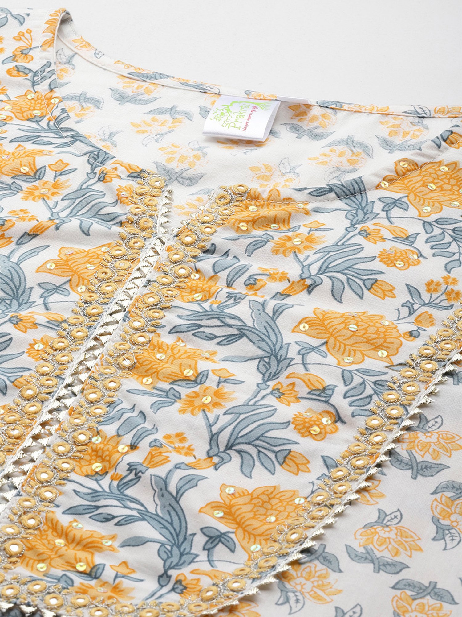 Prakrti White Cotton Floral Print Kurta With Pant & Dupatta