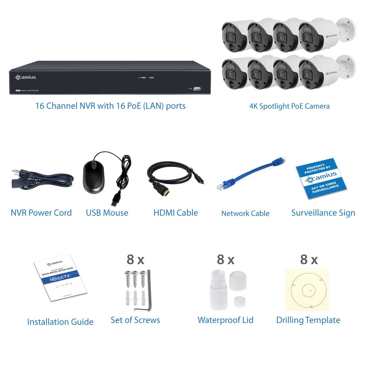 Camius 4K PoE 16CH NVR System, 8 x 8MP IP Spotlight Security Cameras with built-in microphone, 105 degrees view, PIR, Motion, Sound Detection, 2SATA, eSATA, 100ft night vision 16PN8S8R (without HDD)