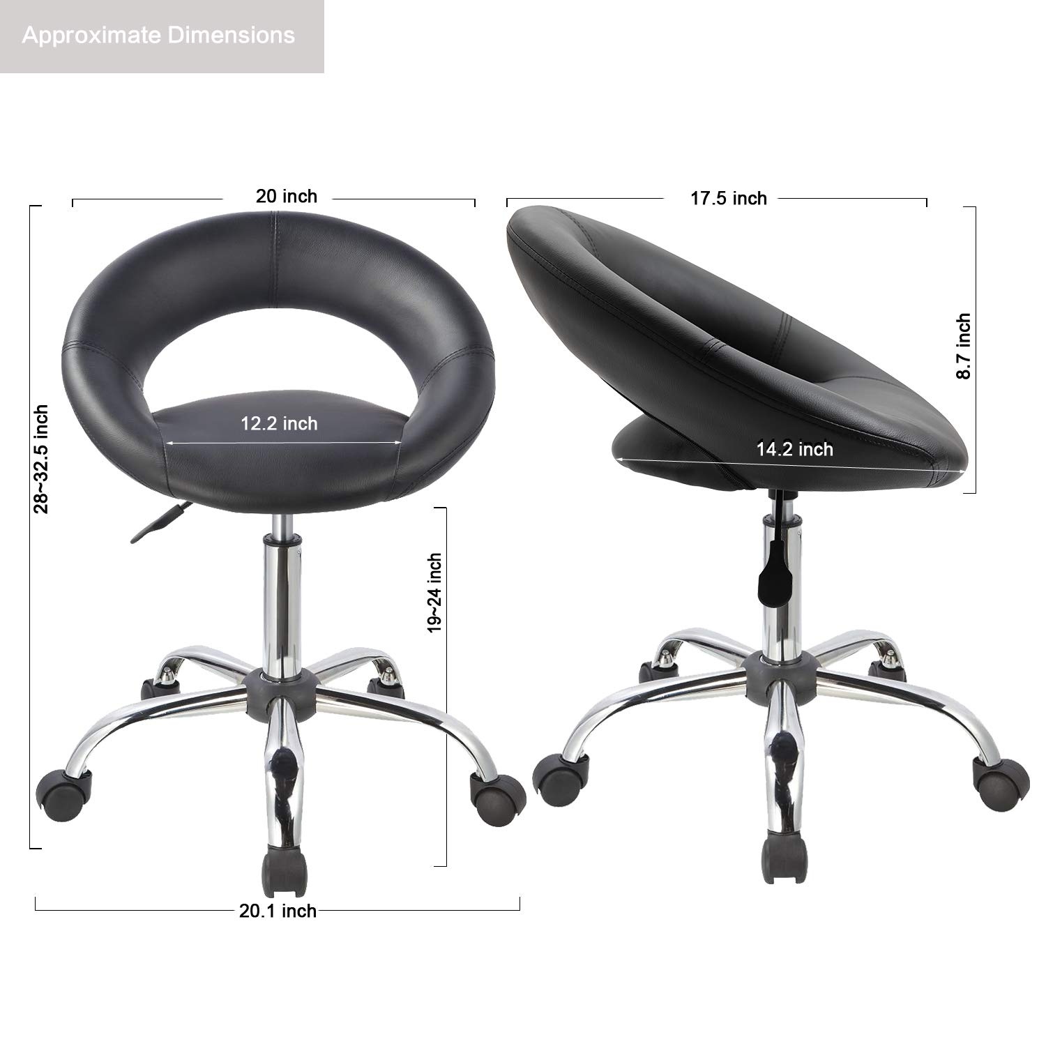 Desk Chair Work Stool Crescent Adjustable Swivel Task Chair on Wheels (Black)