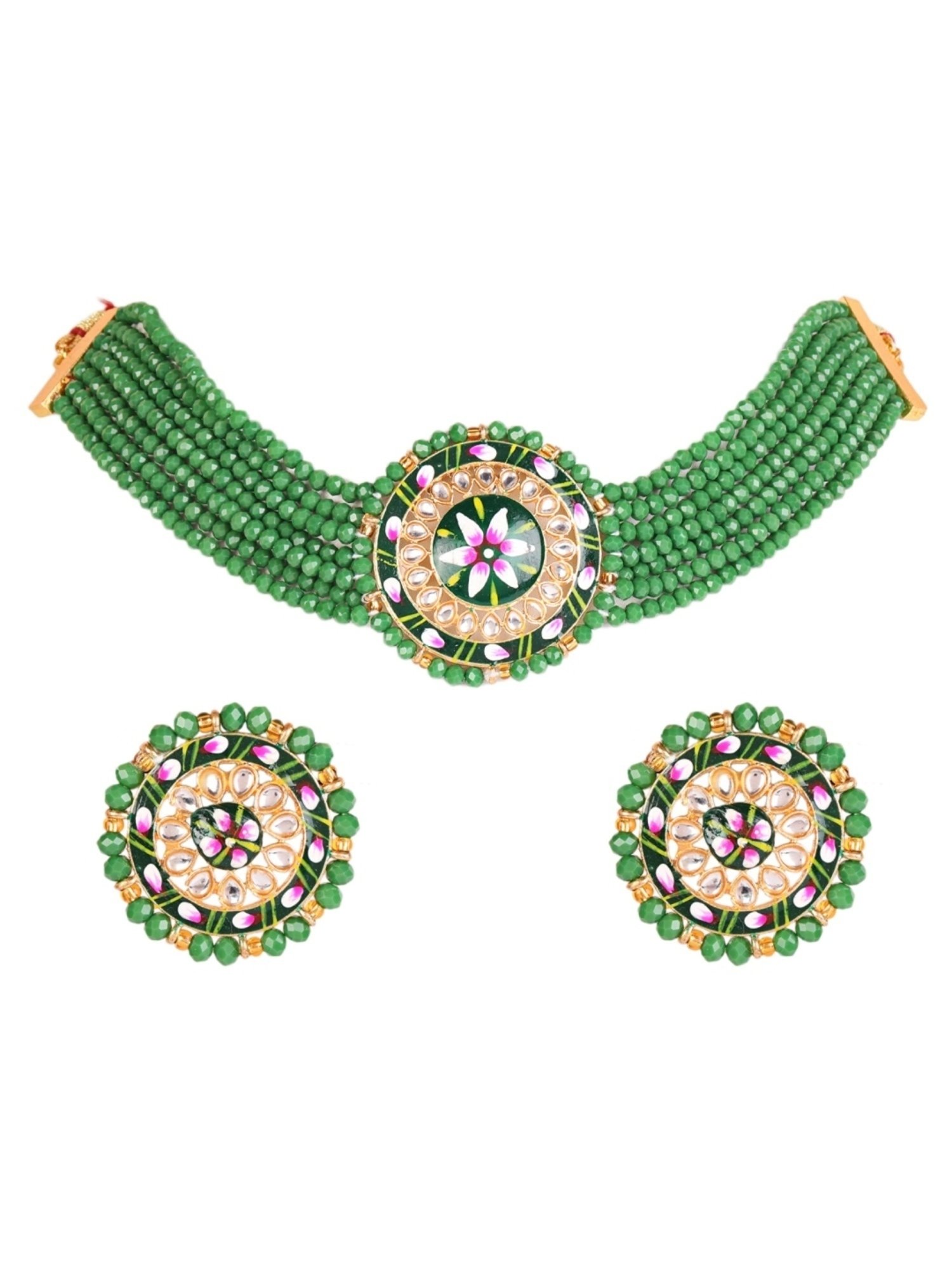 Aatmana Kundan-Studded & Green Beaded Handcrafted Floral Meenakari Necklace Set