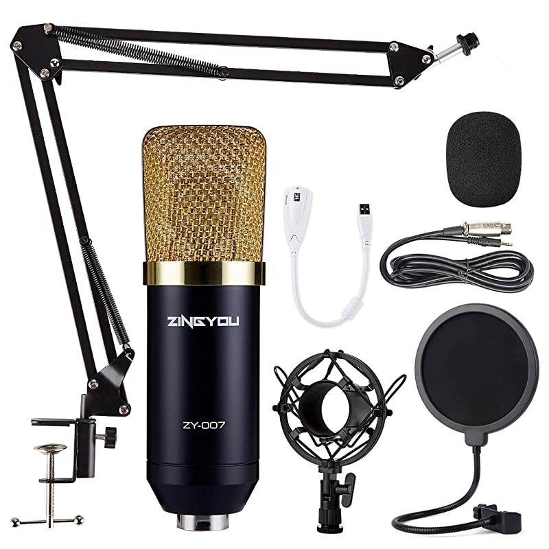 Condenser Microphone Bundle, ZY-007 Professional Cardioid Studio Condenser Mic Include Adjustable Suspension Scissor Arm Stand, Shock Mount and Pop Filter, Studio Recording & Broadcasting