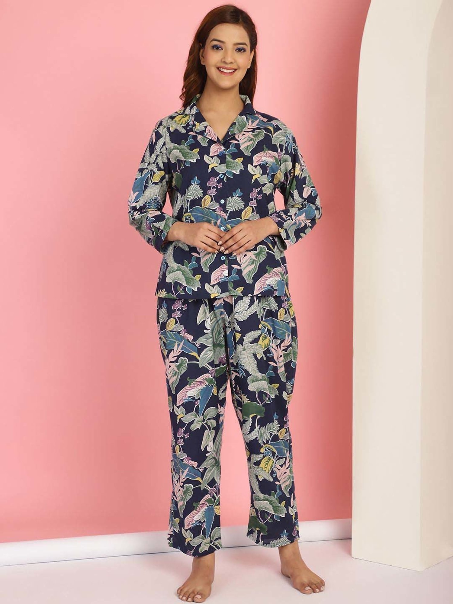 TAG 7 Navy Cotton Printed Shirt Pyjamas Set
