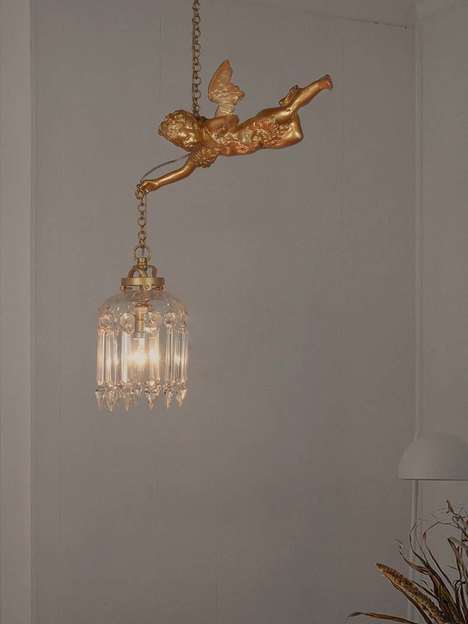 Fos Lighting Antique Gilded Cherub Golden & Transparent Aluminium Pendant Light - Set of 1