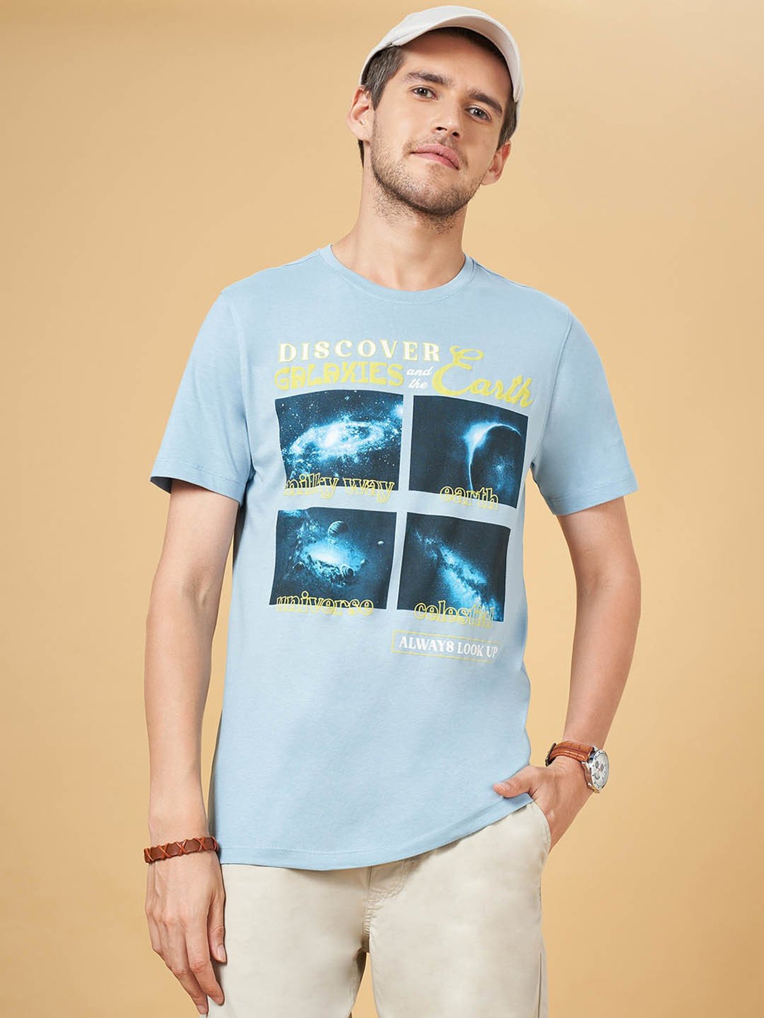 Urban Ranger by Pantaloons Powder Blue Cotton Slim Fit Printed T-Shirt
