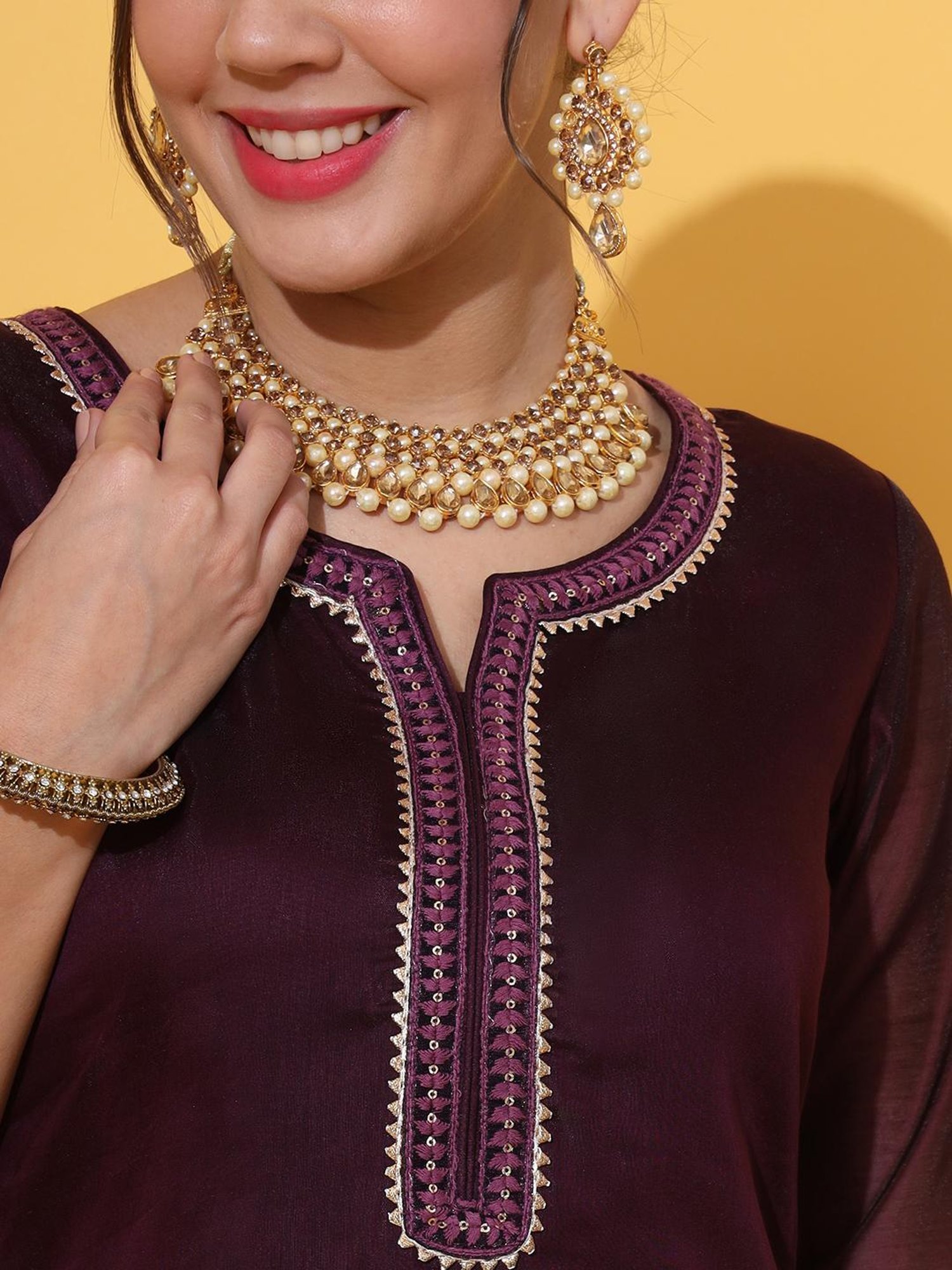 DECKEDUP Wine Embellished Kurta With Pants