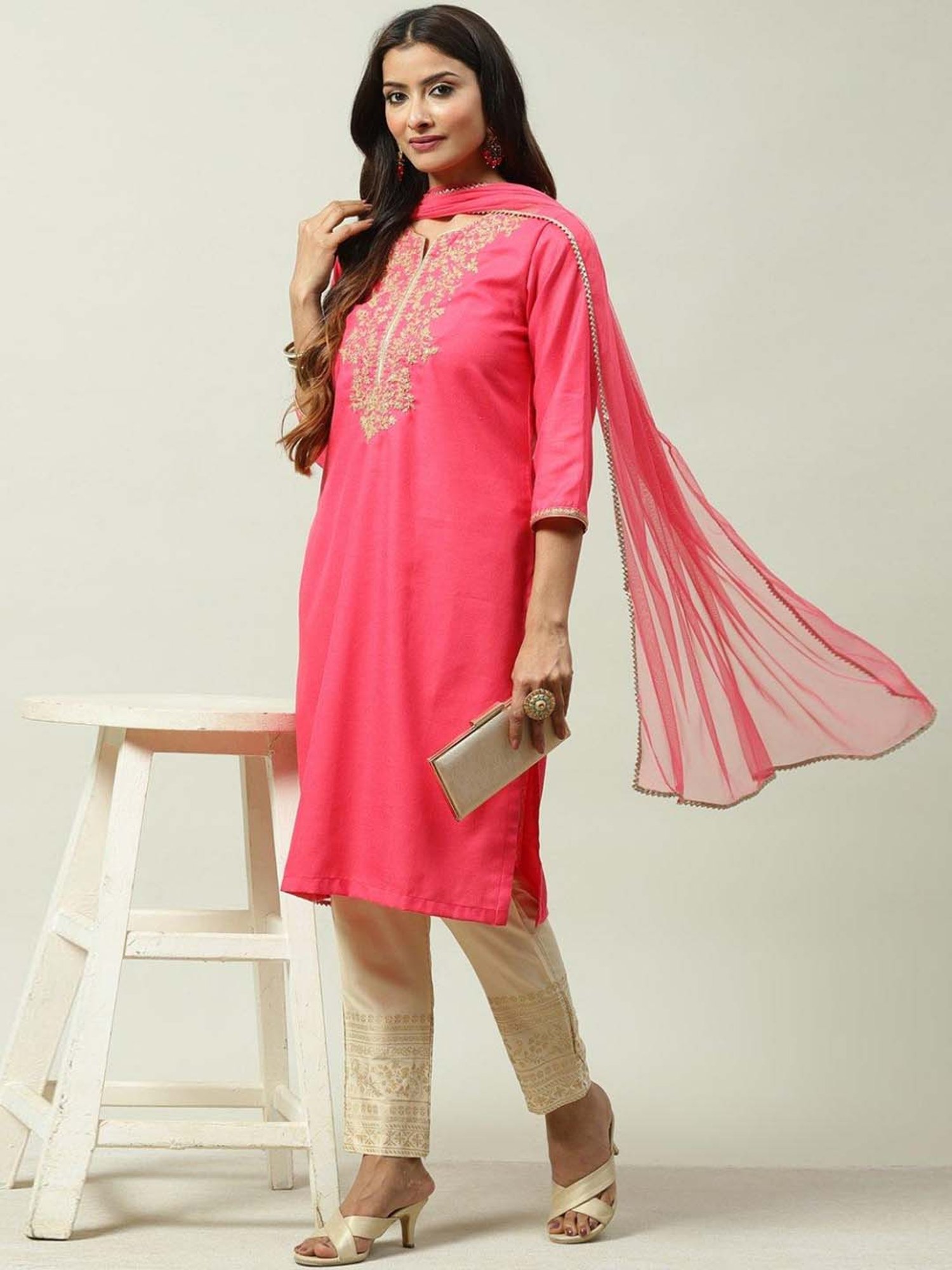 Biba Pink & Beige Cotton Embroidered Kurta Pant Set With Dupatta