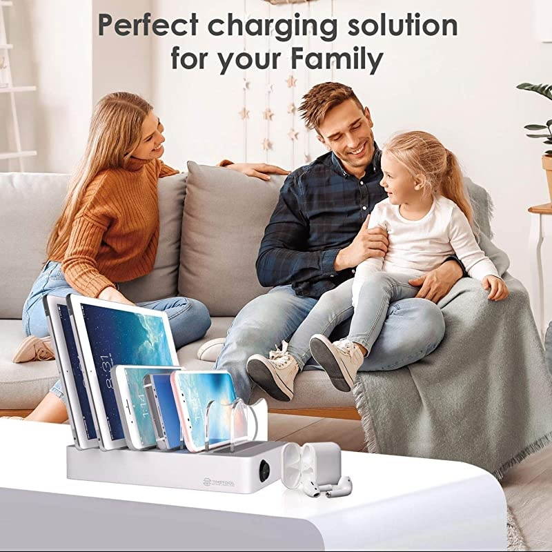 6 USB Charging Station for Multiple Devices Fast Multiple USB Charger Multi Port Hub Charging Organizer Dock Smart Cell Phone Docking Station iPhone Compatible Charger LED NoBuzz