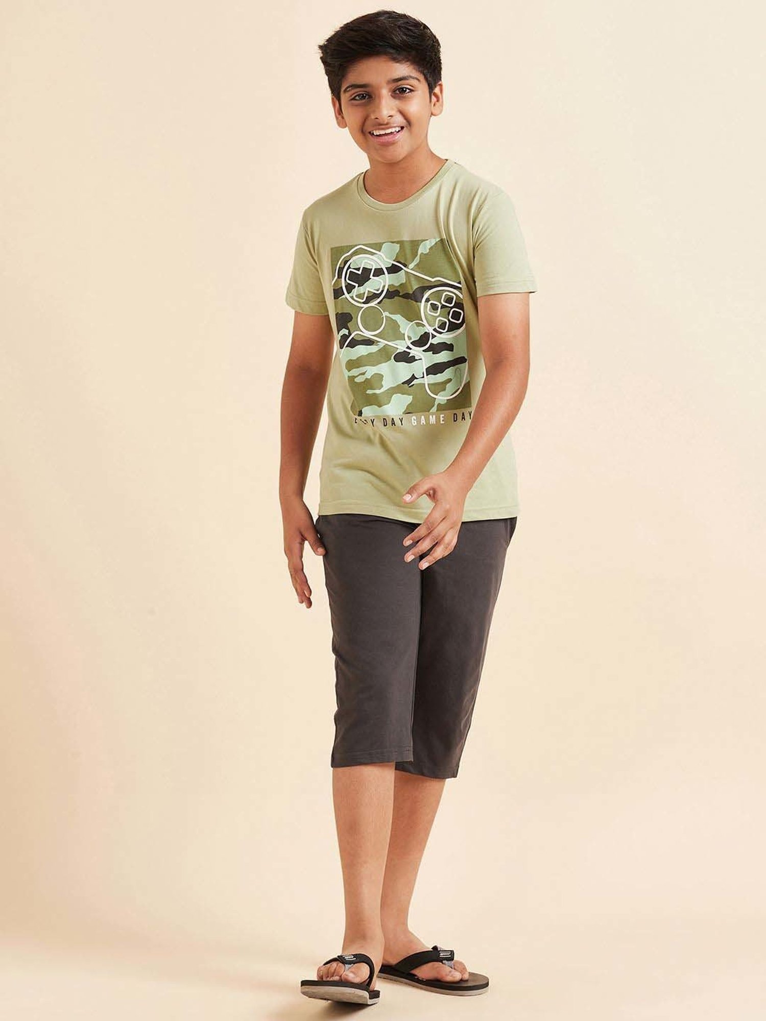 Sweet Dreams Kids Fog Green & Black Cotton Printed T-Shirt Set