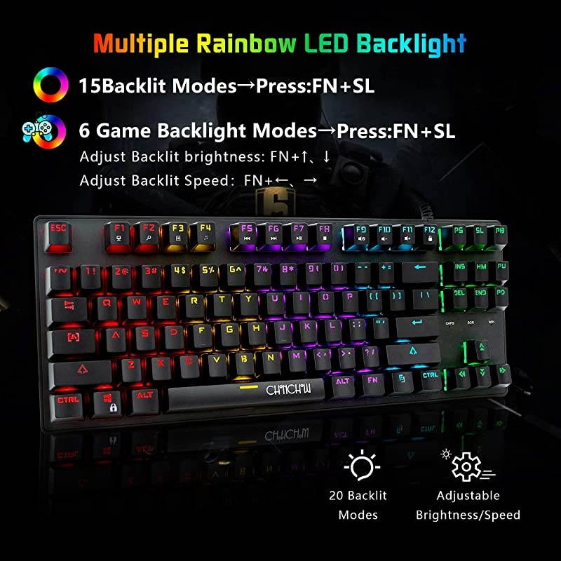 RGB Compact Mechanical Gaming Keyboard  USB Wired 87 Keys Gaming Keyboard LED Rainbow Backlit 60 Tenkeyless Mechanical Gaming Keyboard for PS4 Xbox PC Gamer