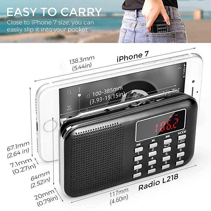 Mini Portable Radio AM FM Pocket Radio with LED Flashlight, Digital Radio Speaker Support Micro SD/TF Card/USB, Auto Scan Save, 1200mAh Rechargeable Battery Operated, by [Latest Version]