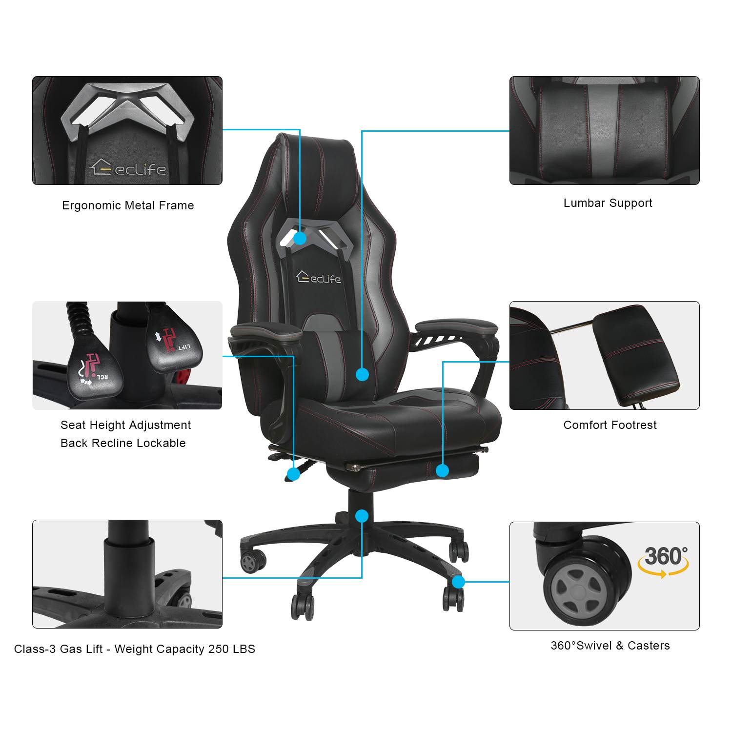 Ergonomic Gaming Chair, Home Office Computer Game Chair, Height Adjustment Recliner 360&deg; Swivel Rocker With Retractable Padded Footrest And Lumbar Pillow E-Sports Chair Super High-back Computer Chair