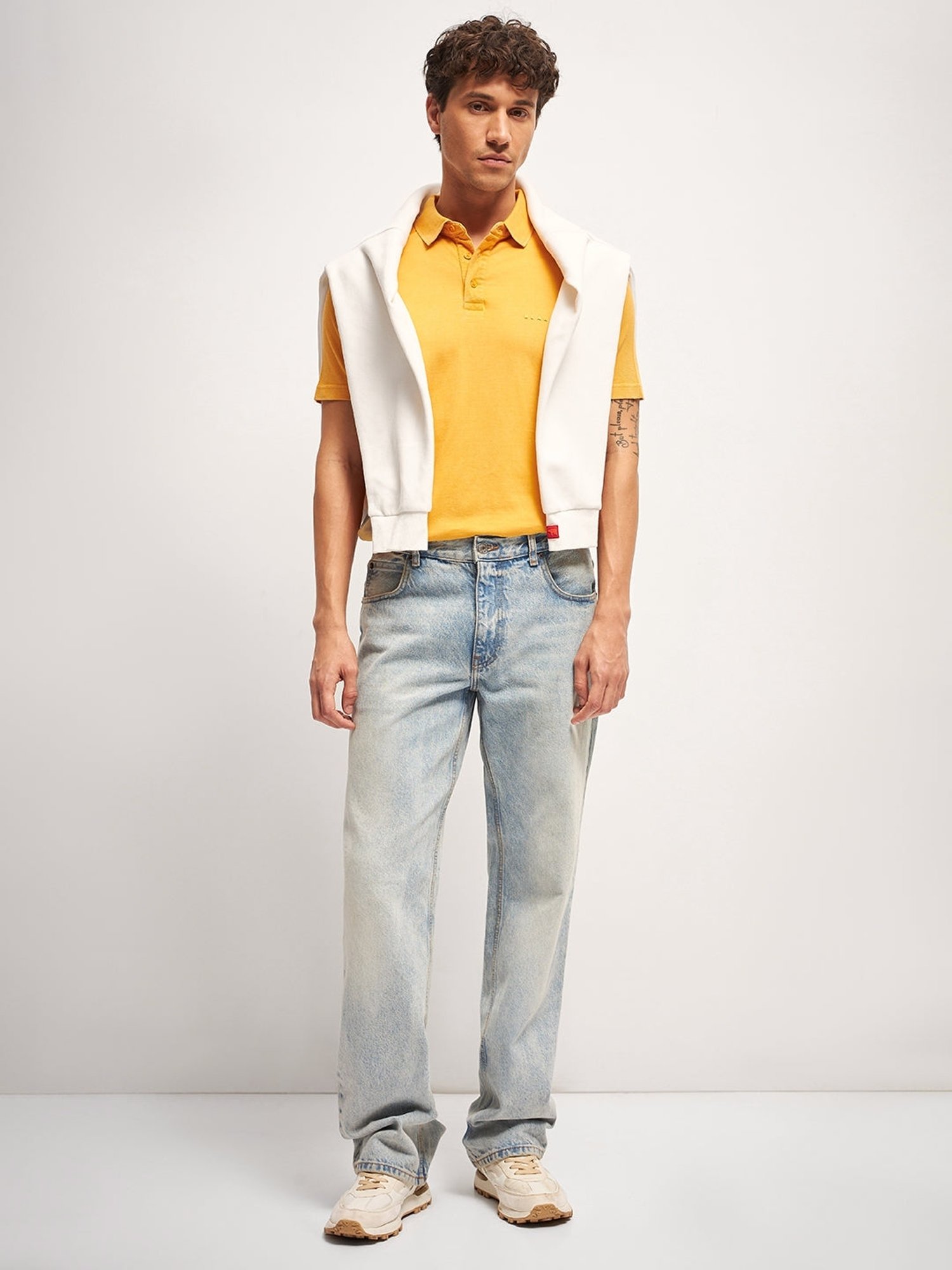 The Bear House Yellow Cotton Regular Fit Self Pattern Polo T-Shirt