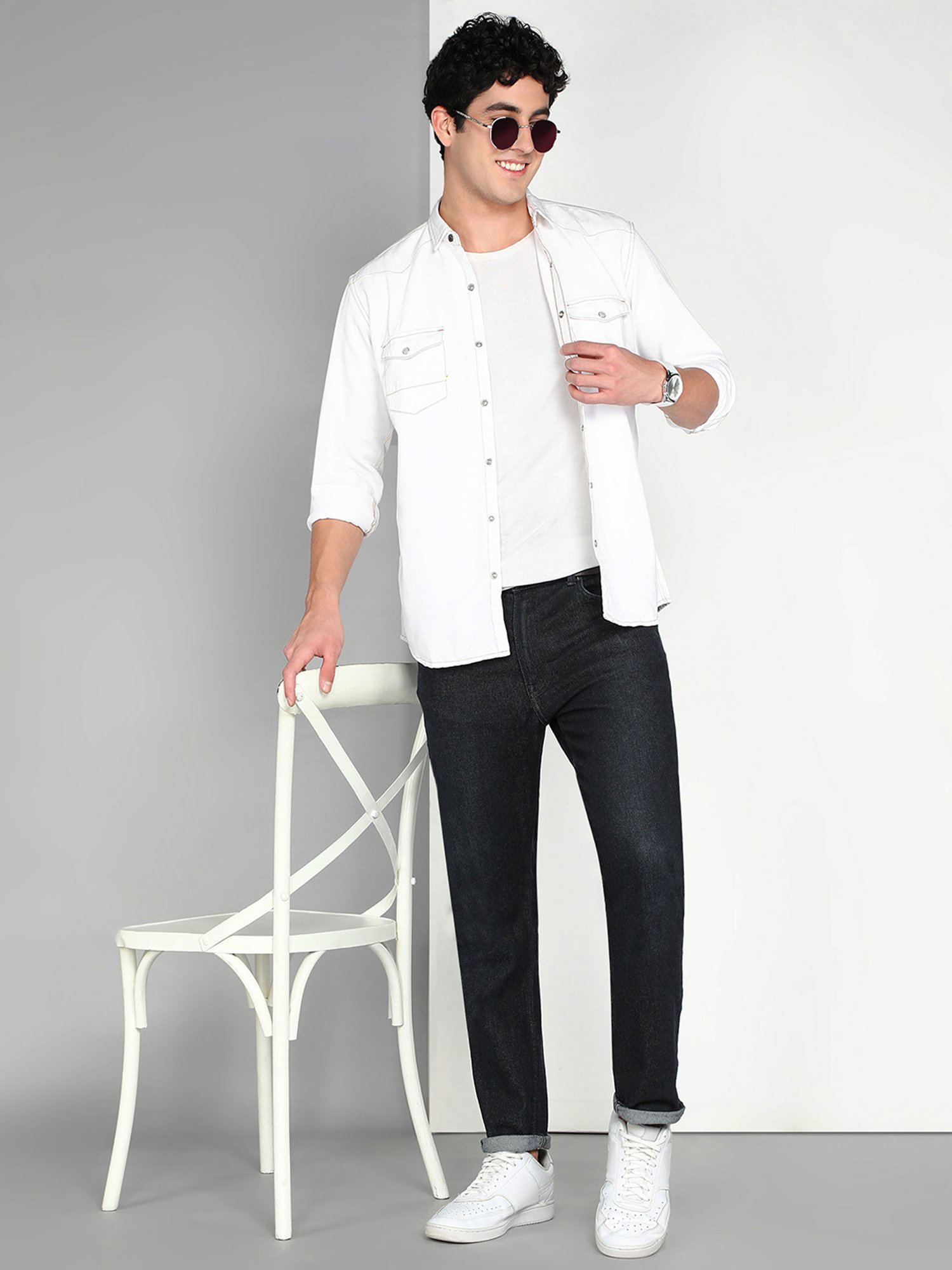 Kuons Avenue White Slim Fit Denim Shirt