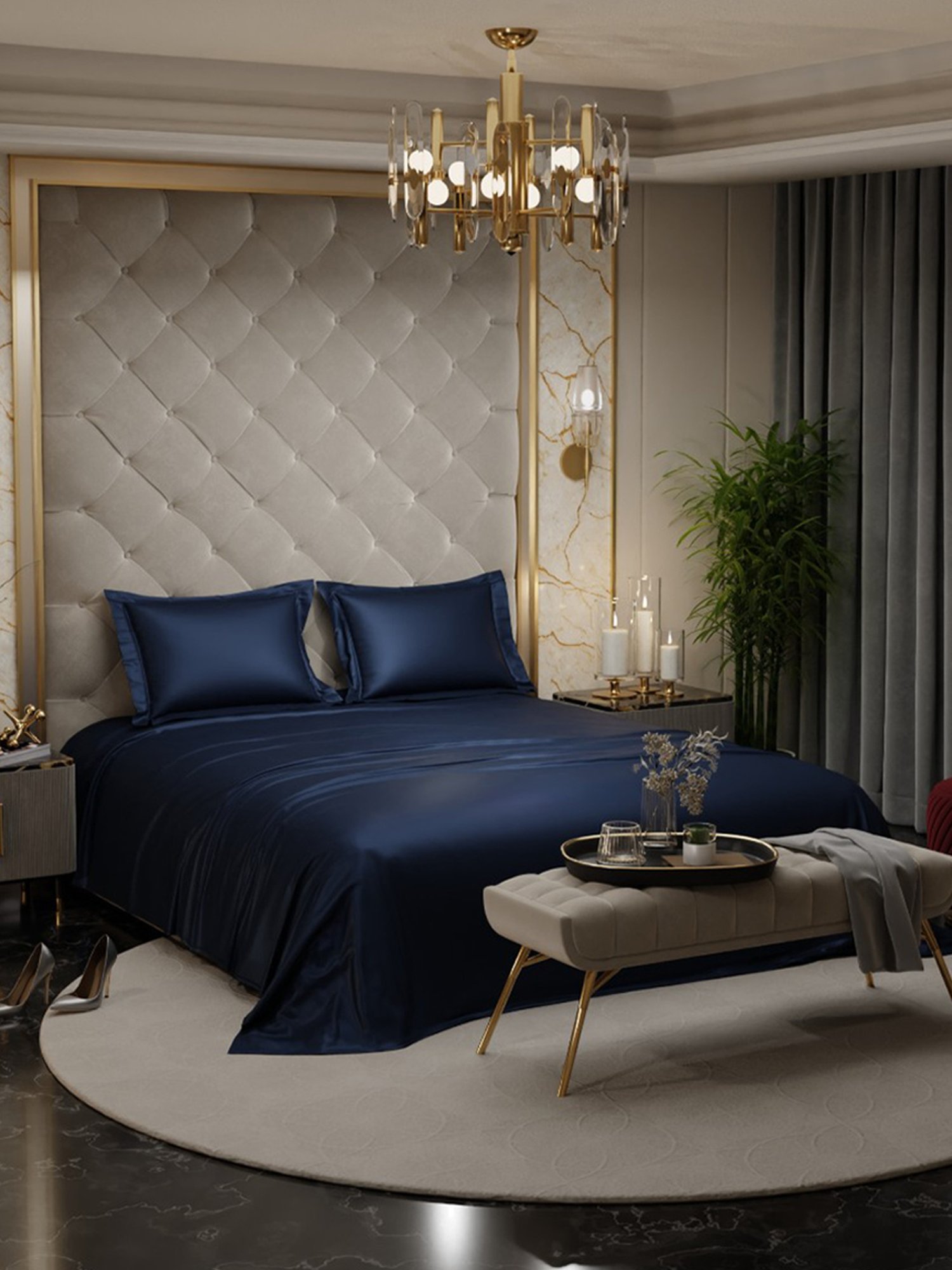 Stoa Paris Date Night Navy Polyester 300 TC Double Bedsheet with 2 Pillow Covers