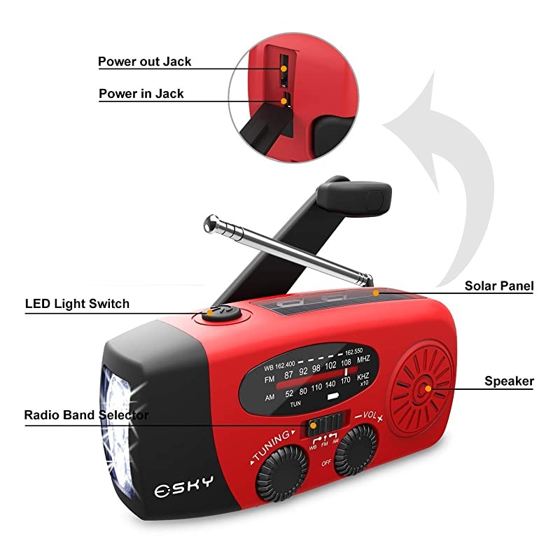 Upgraded Version Portable Emergency Weather Radio Hand Crank Self Powered AMFMNOAA Solar Radios with 3 LED Flashlight 1000mAh Power Bank Phone Charger Red