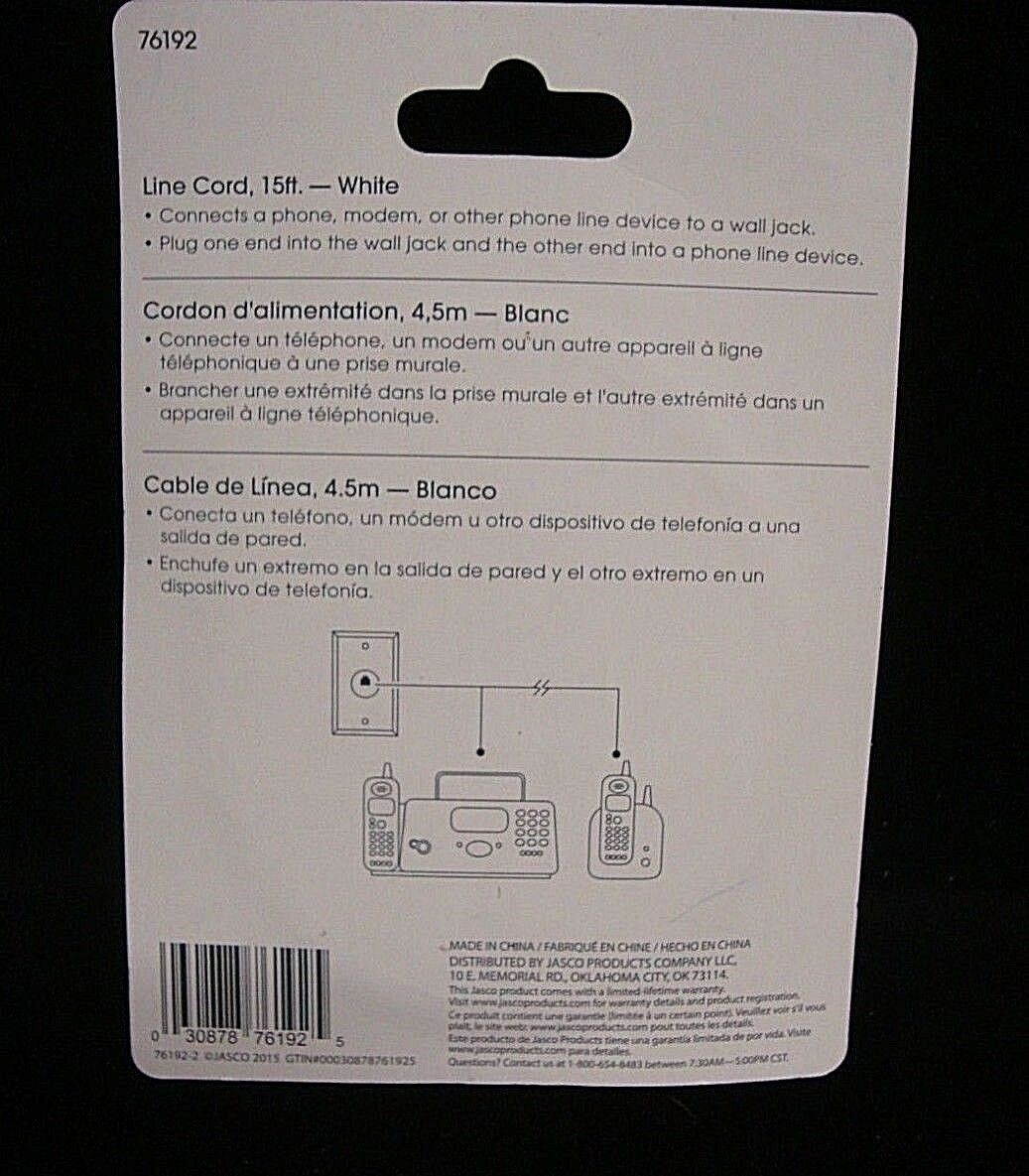 Jasco 15ft Phone Line Cord White 76192 NEW (2 packs)