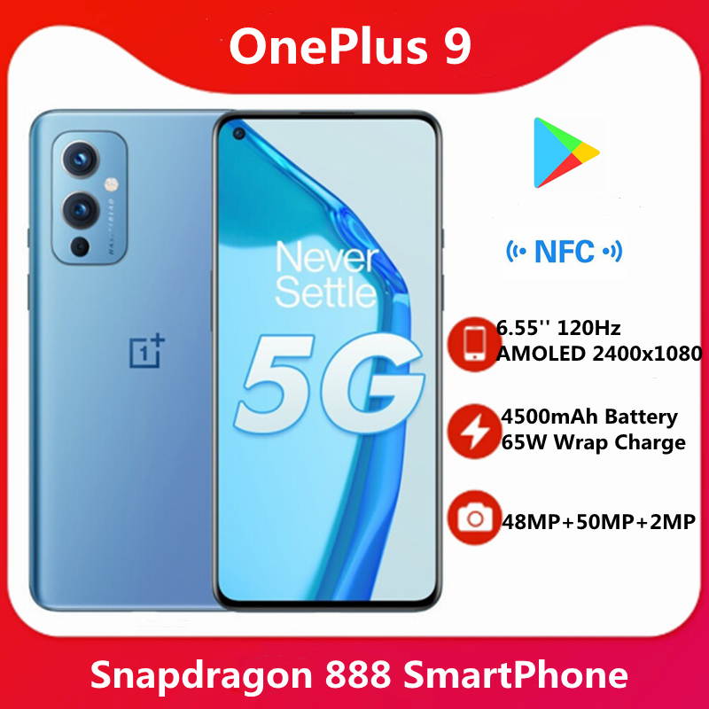 Global Rom Official Original New Oneplus 9 5G Cell Phone Snapdragon 888 6.55inch LTPO AMOLED 120Hz 8G/12G RAM 128G/256G ROM 50MP 65W Flash Charge  Unlocked International Model(GSM Only Not CDMA)