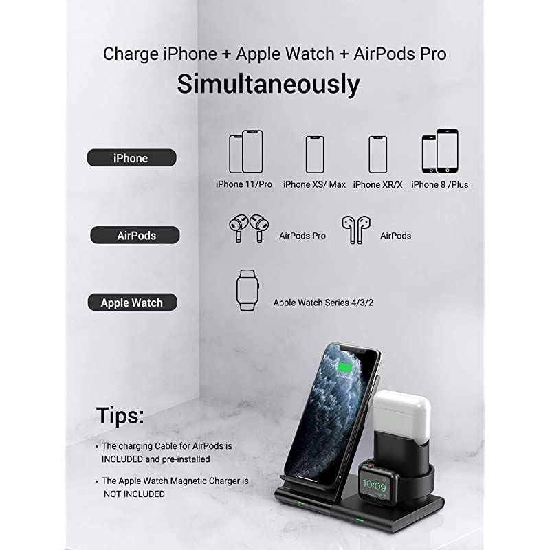 Wireless Charger, 3 in 1 Wireless Charging Station for Apple Watch, AirPods Pro/2, Detachable and Magnetic Wireless Charging Stand for iPhone 11 Pro Max/X/XS/XR/8Plus(NO QC 3.0 Adapter)