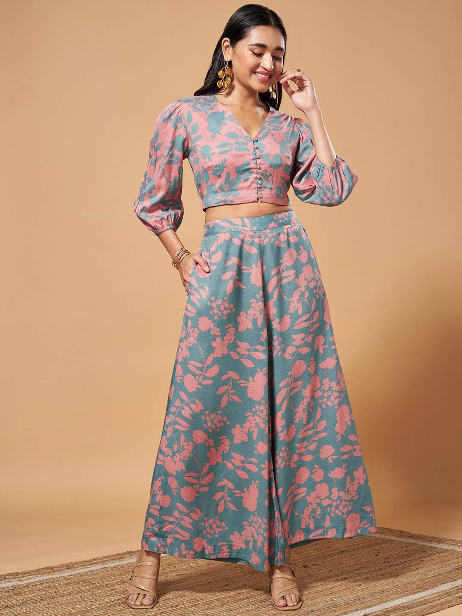 Marigold Lane Blue Printed Crop Top Palazzo Set
