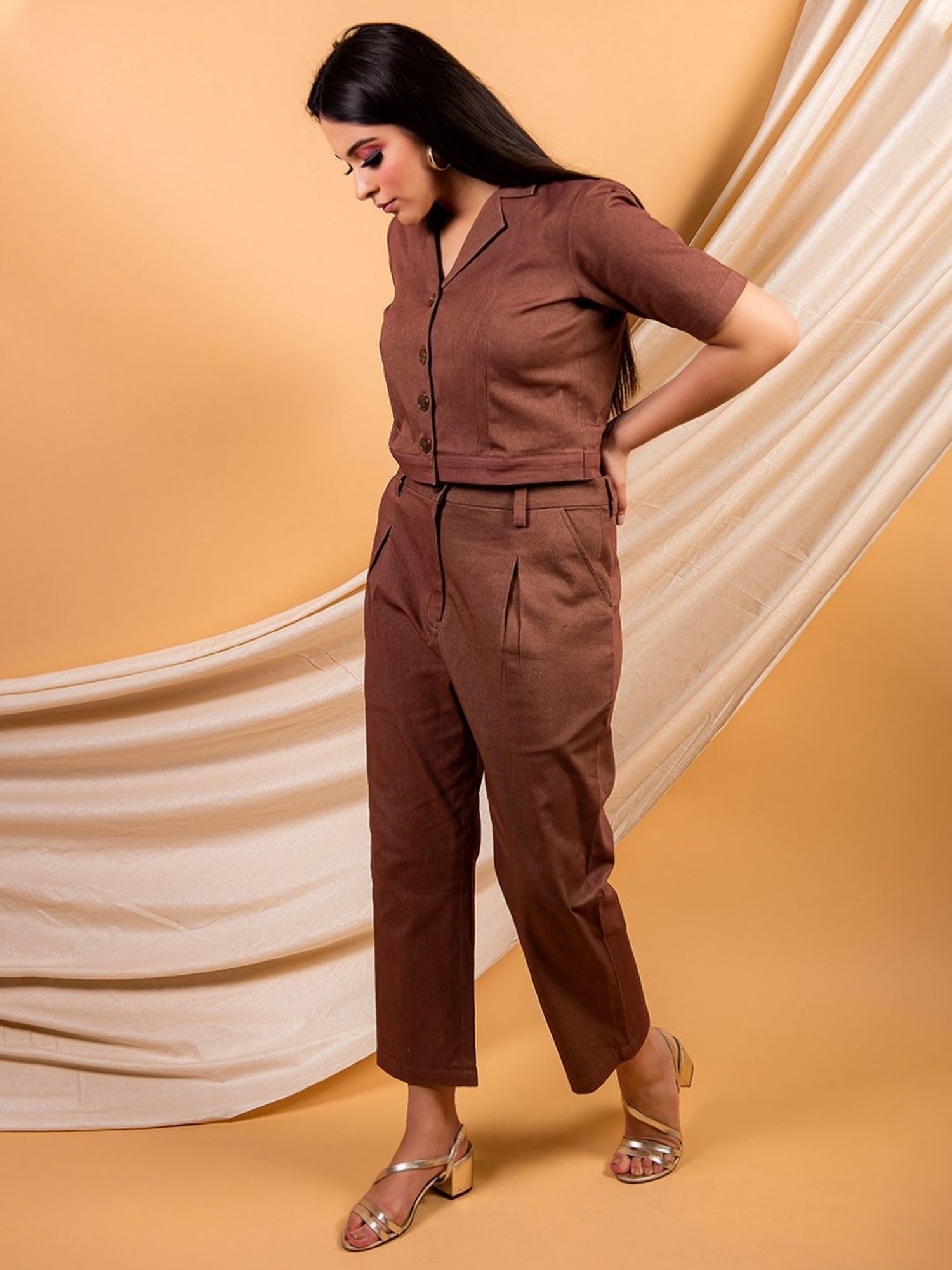 Priya Chaudhary Brown Umber Classic Crop Shirt and Pant In a Cotton Twill