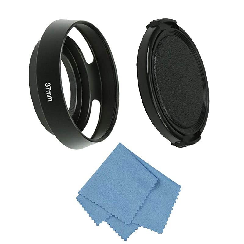 Camera Standard Hollow Vented Metal Lens Hood with Cleaning Cloth and Lens Cap Compatible with LeicaFujiNikonCanonSamsung Standard Thread Lens