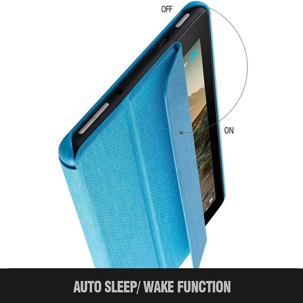 For Fire 7 (2019) Tablet Soft Leather Smart Cover Case w/Auto Sleep/Wake Blue