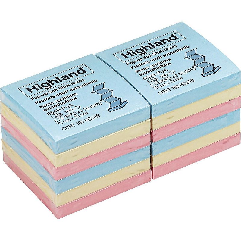 Highland Self-Stick Pop-Up Notes 3 x 3 Assorted Pastel 100-Sheet 12/Pack 6549PUA