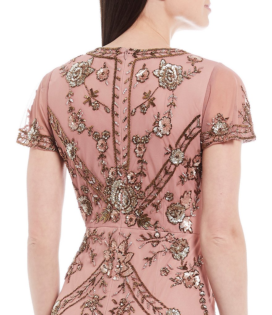 Aidan Mattox V-Neck Short Sleeve Beaded Gown