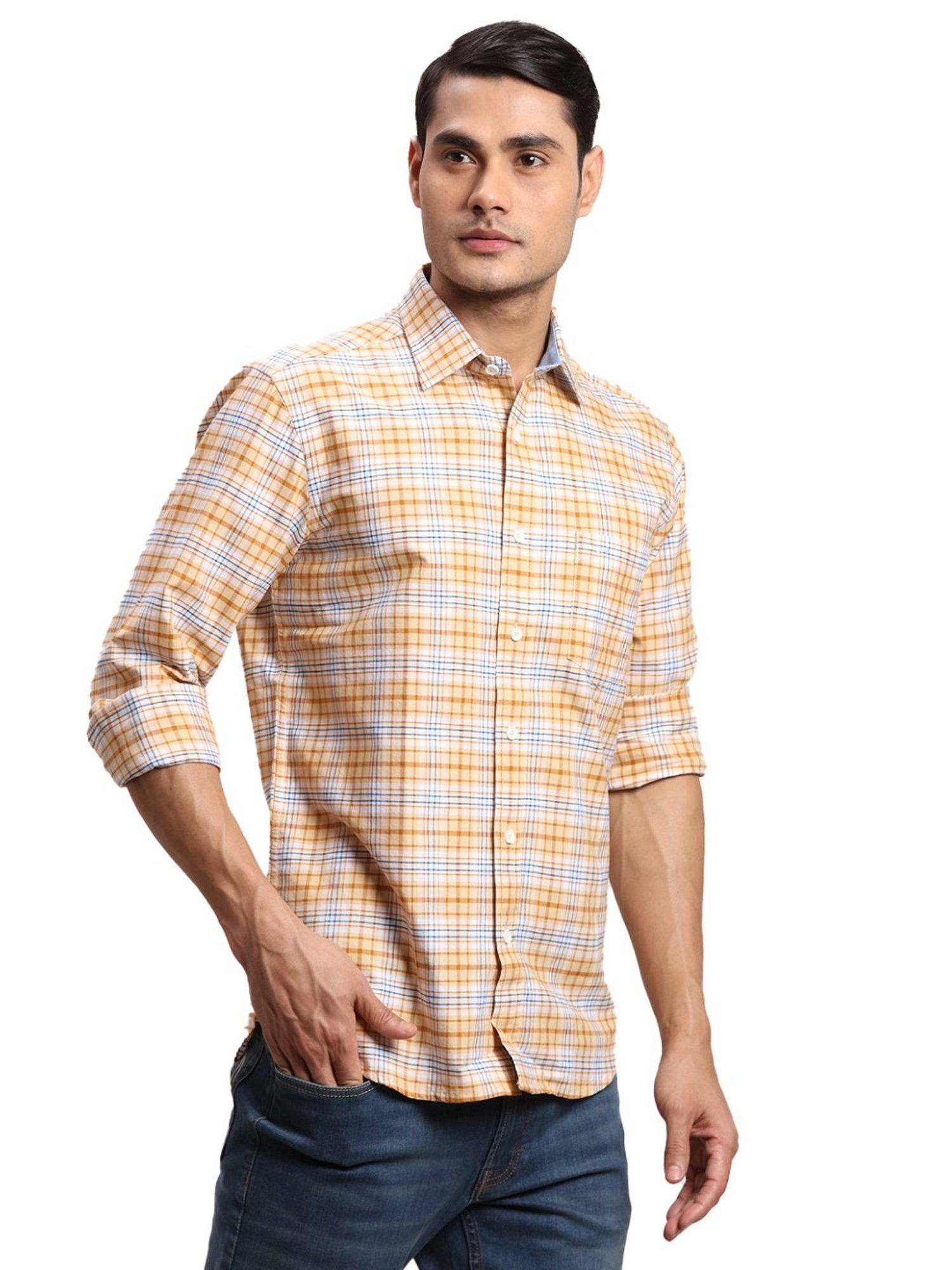 ColorPlus Yellow Cotton Regular Fit Checks Shirt