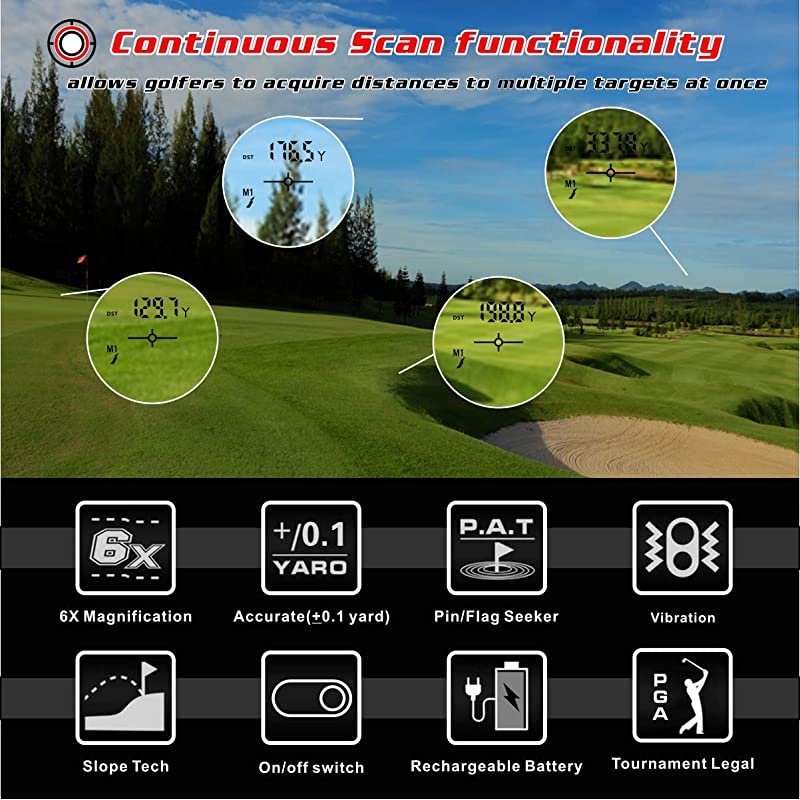 Golf Rangefinder, 6X Rechargeable Laser Range Finder 1000 Yards with Slope Adjustment, Flag-Lock with Vibration, Fast Focus System, Continuous Scan, Help You Choose The Right Club
