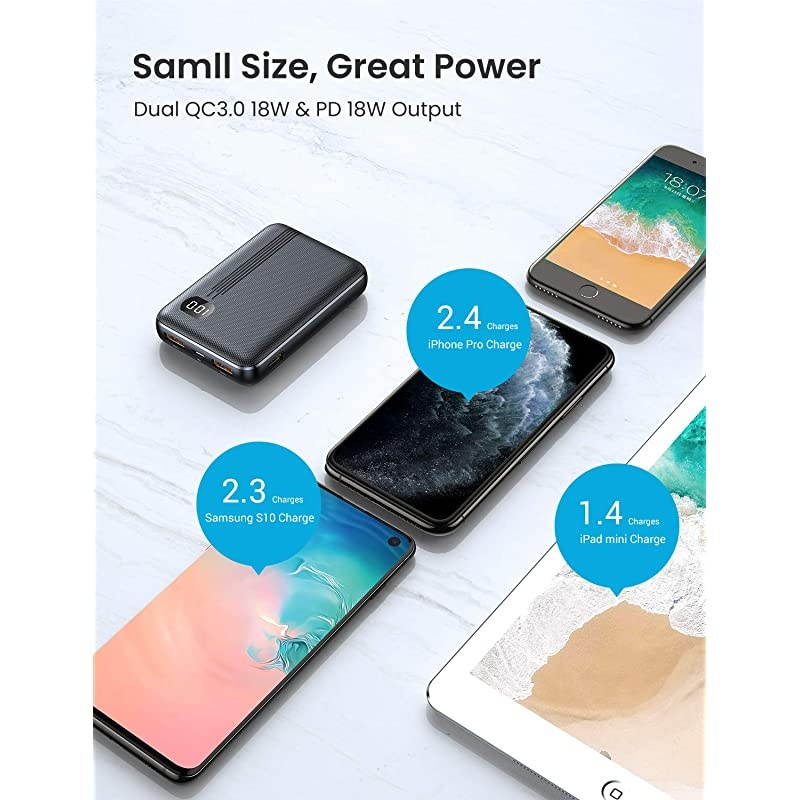 Portable Charger One of The Smallest 10000mAh 3A PD 30 Power Bank QC 30  18W Fast Charge Phone Battery Pack TriOutputLED Display Phone Charger Compatible iPhone 12 iPad Samsung Galaxy