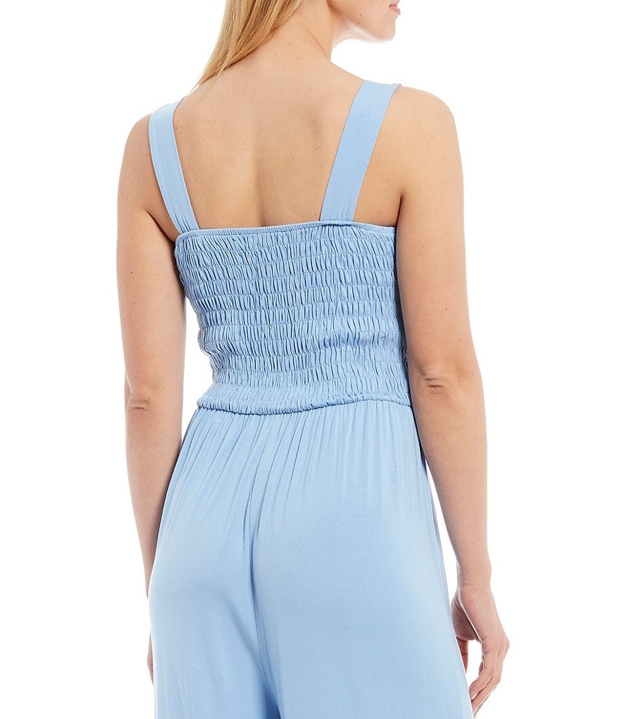 Sugarlips Square Neck Sleeveless Wide-Leg Jersey Knit Smocking Jumpsuit