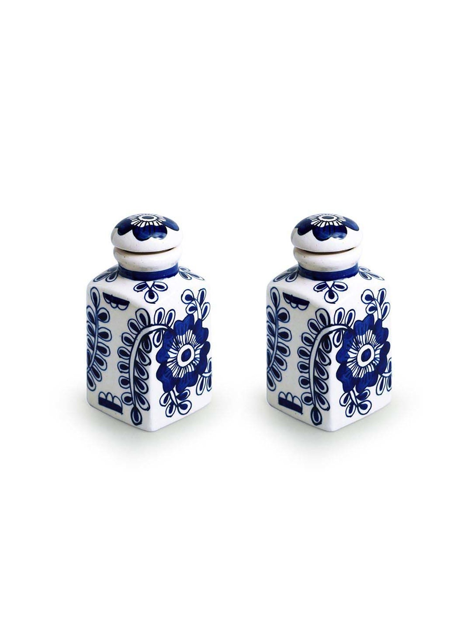 ExclusiveLane Ink Blue & White Ceramic Mughal Floral Storage Jars & Containers
