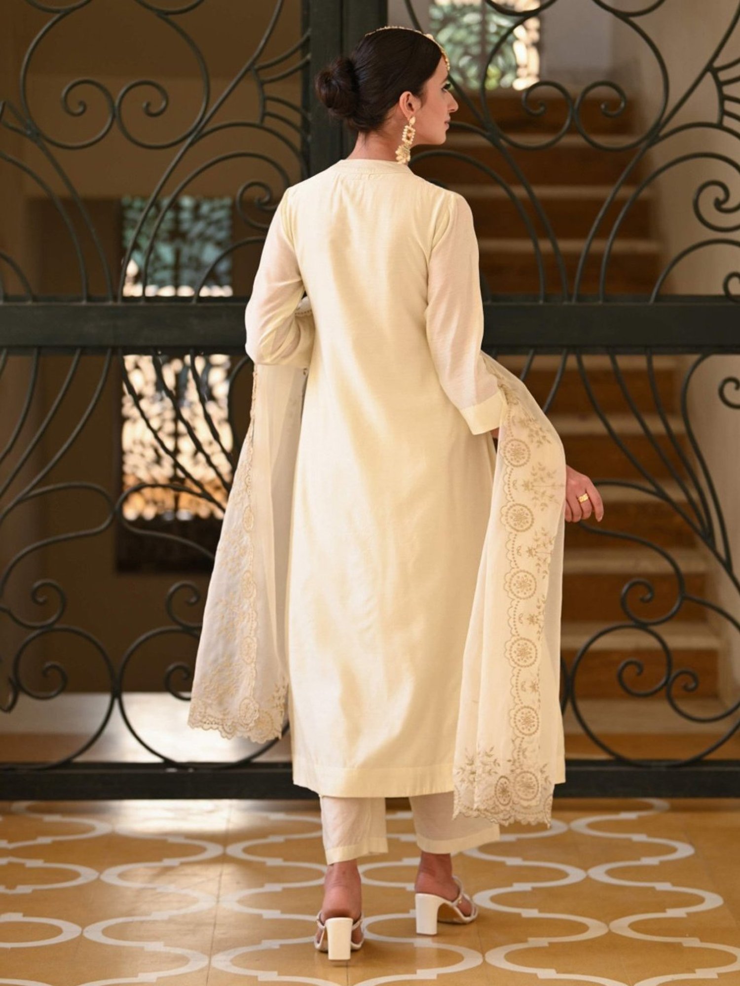 Mahee Jaipur Beige Ivory Cut Work Pure Chanderi Kurta With Pant And Dupatta