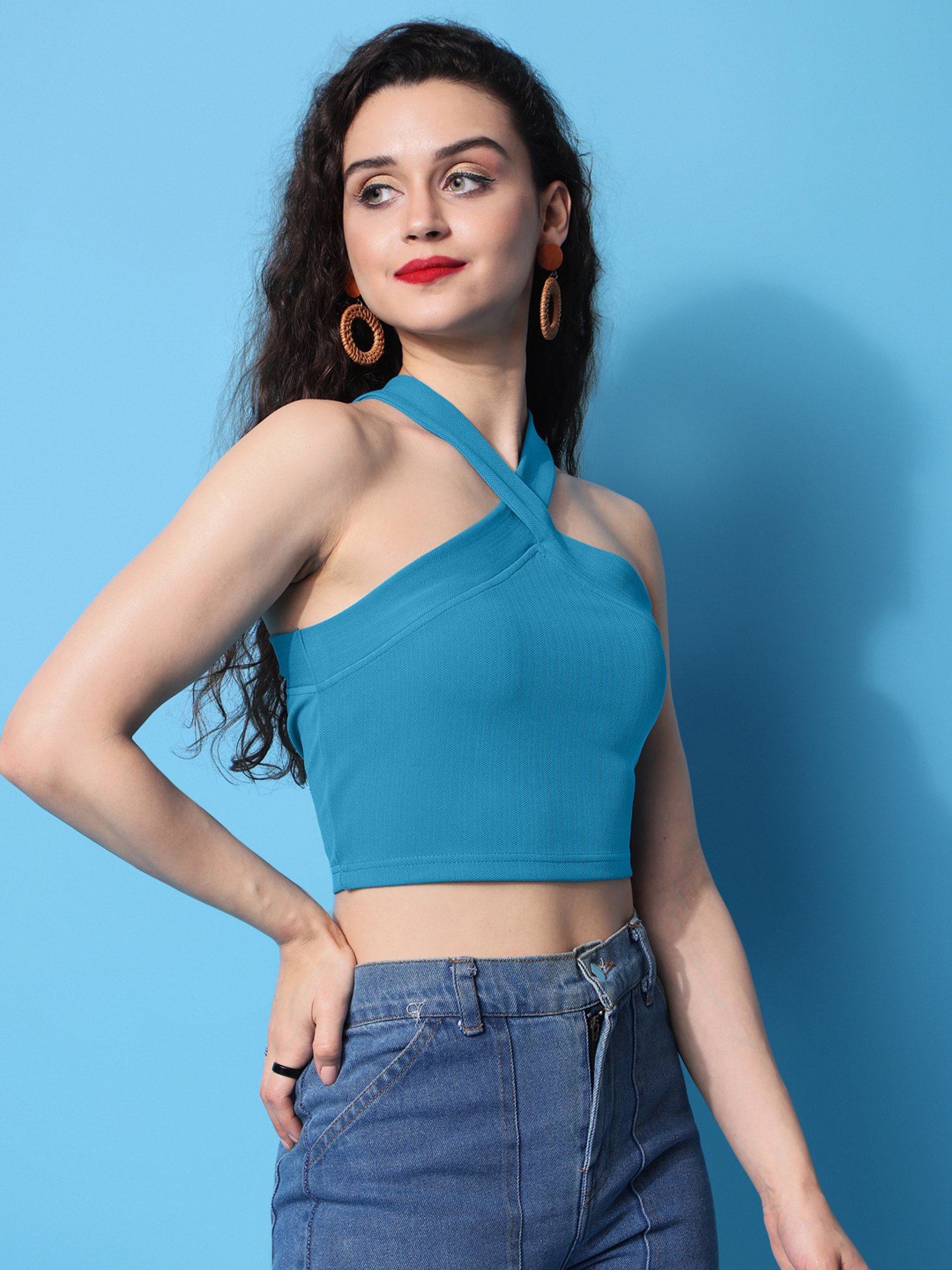 PURVAJA Teal Regular Fit Crop Top
