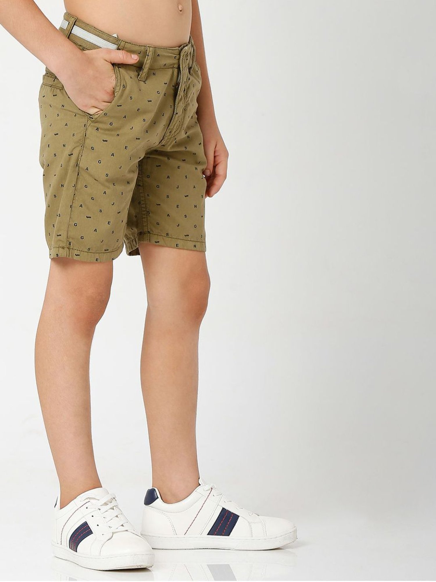 Gas Kids Olive Green Cotton Printed Shorts