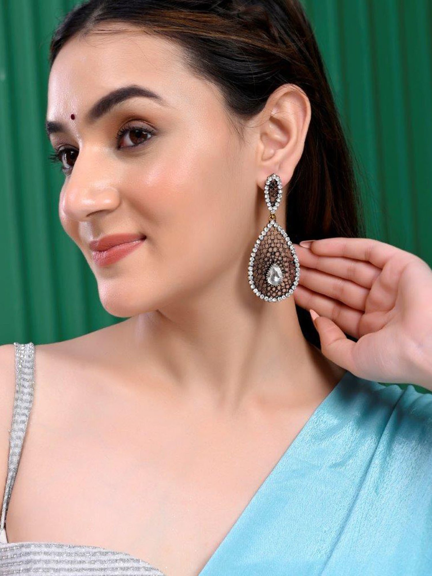 VOJ Set of 2 Earrings- Blue Printed Jhumka with Black AD Studded Drop Earrings for Women