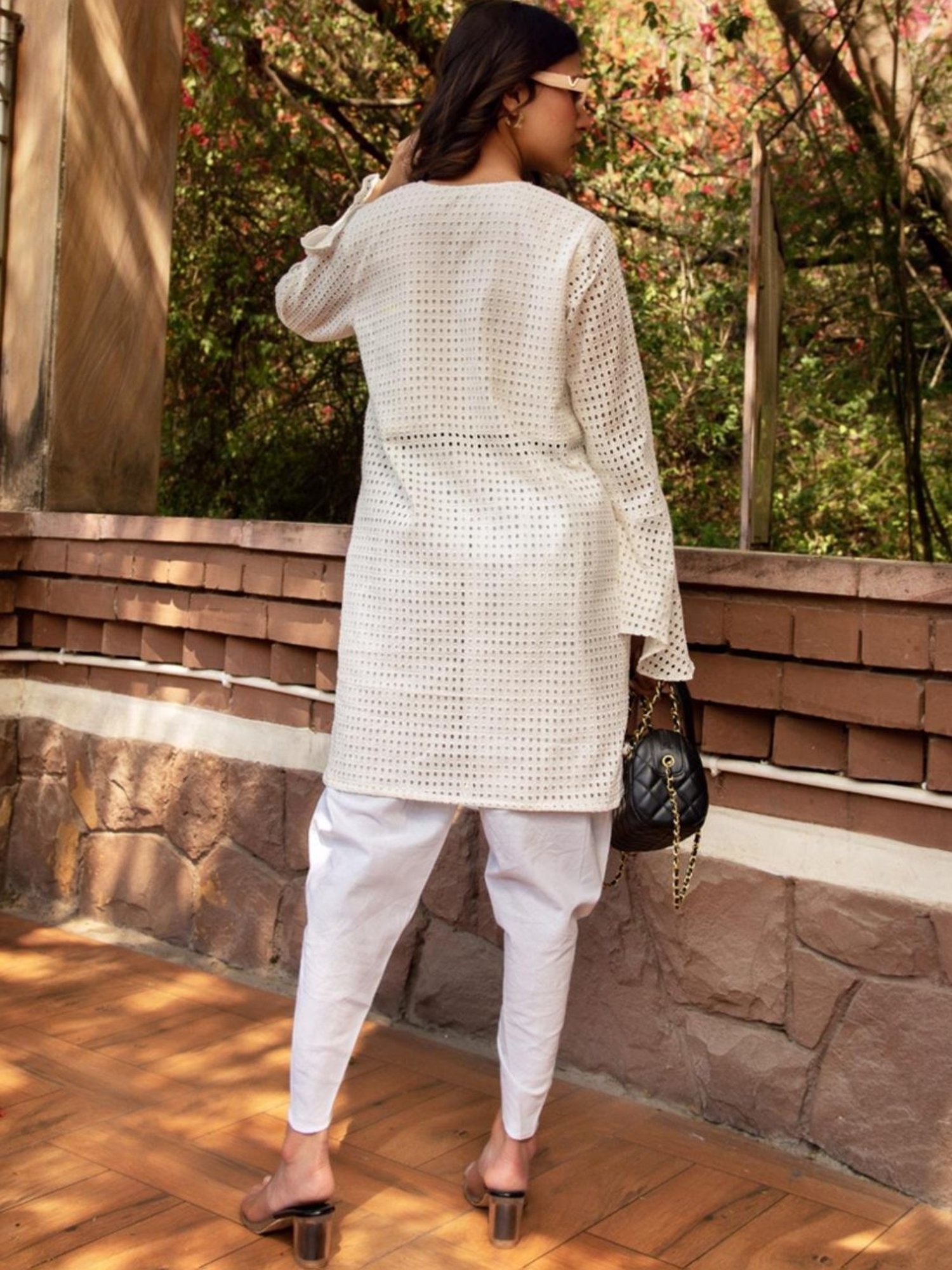Calmna Pearl White Schiffli Tunic with Pant Co-ord Set