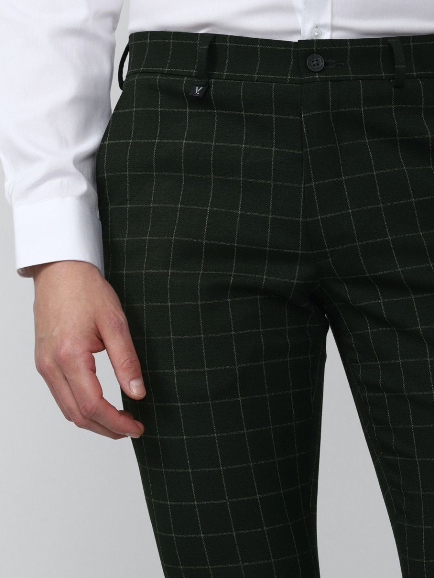 V Dot Olive Skinny Fit Checks Trousers