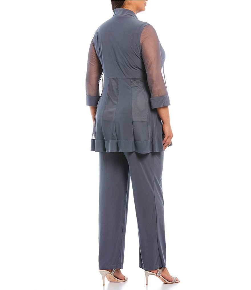 R & M Richards Plus Size Scoop Neck 3/4 Sleeve Beaded Detail Top & Sheer Knit Jacket 2-Piece Pull-On Pant Set