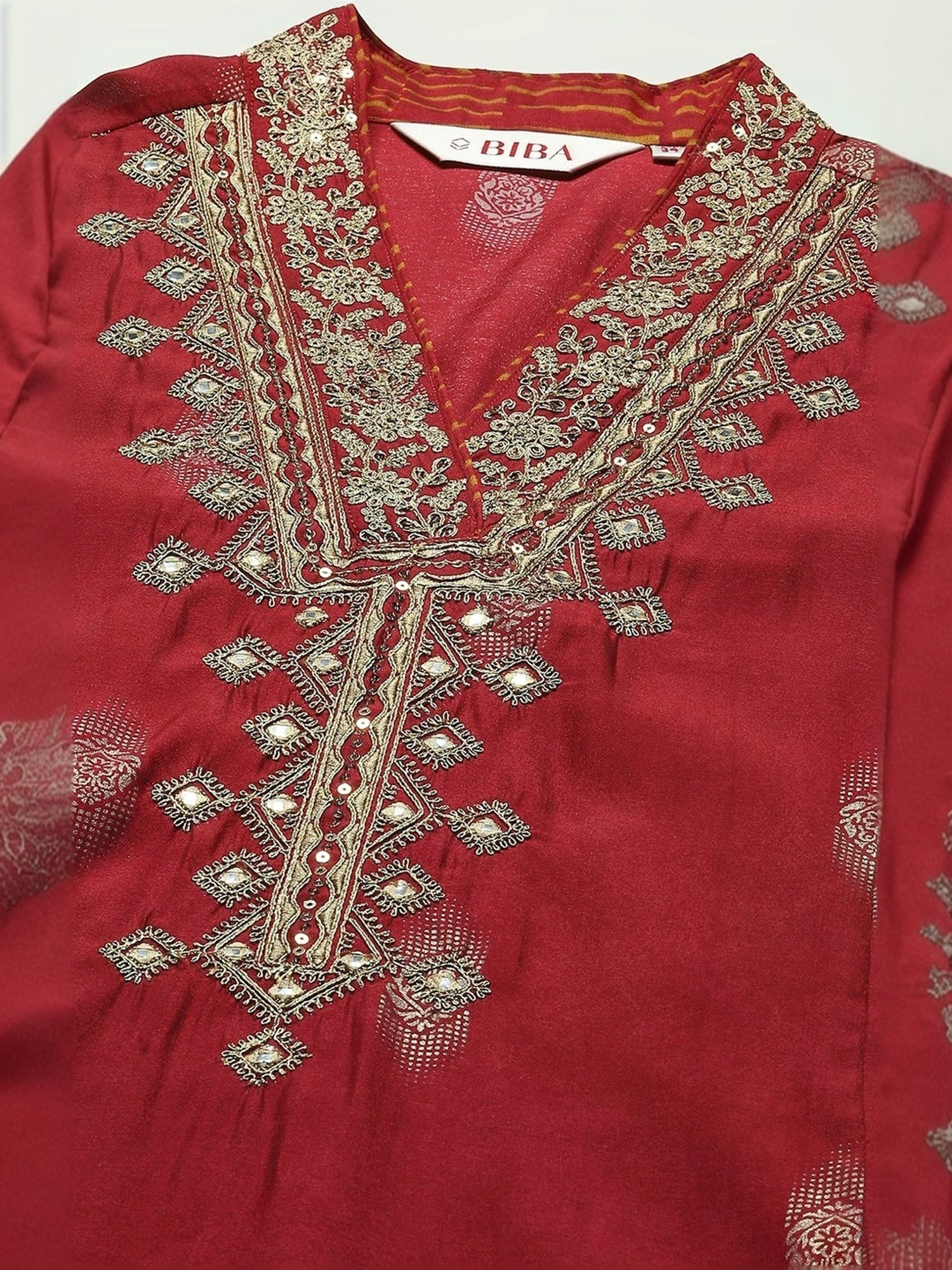 Biba Maroon Embroidered Kurta & Palazzo Set With Dupatta