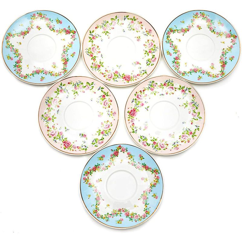 Sparkle and Bash 12 Pack 6 Tea Cups 6 Saucers for Tea Party, 2 Vintage Floral Designs (8 oz)