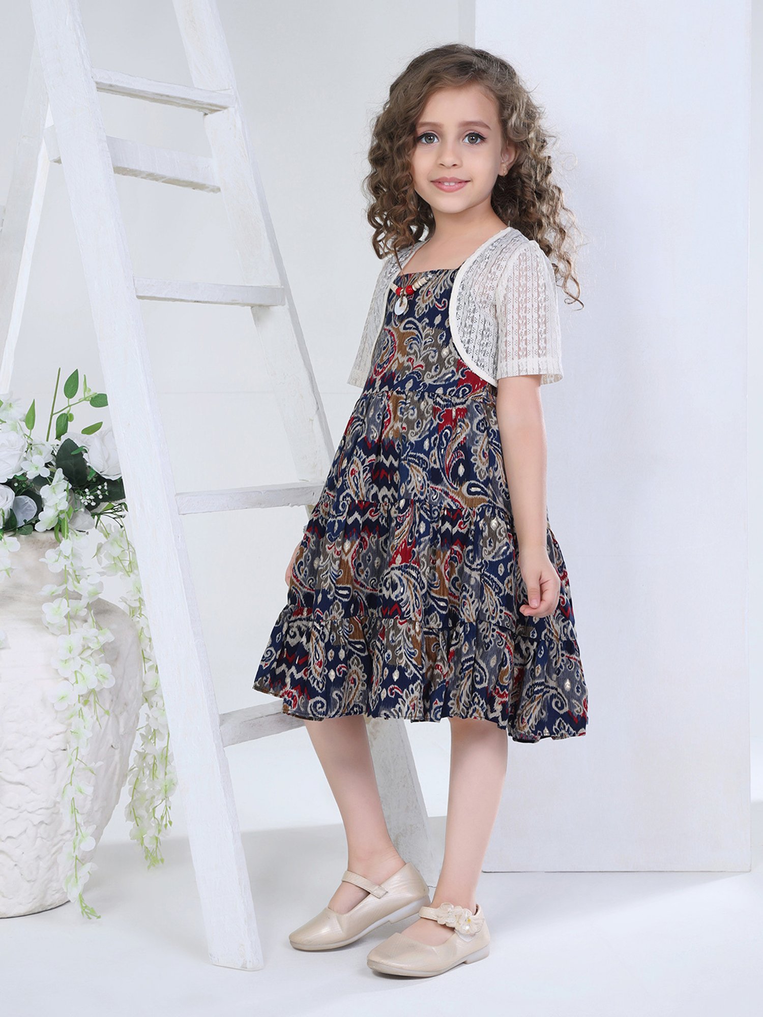 Peppermint Kids Blue & White Printed Dress