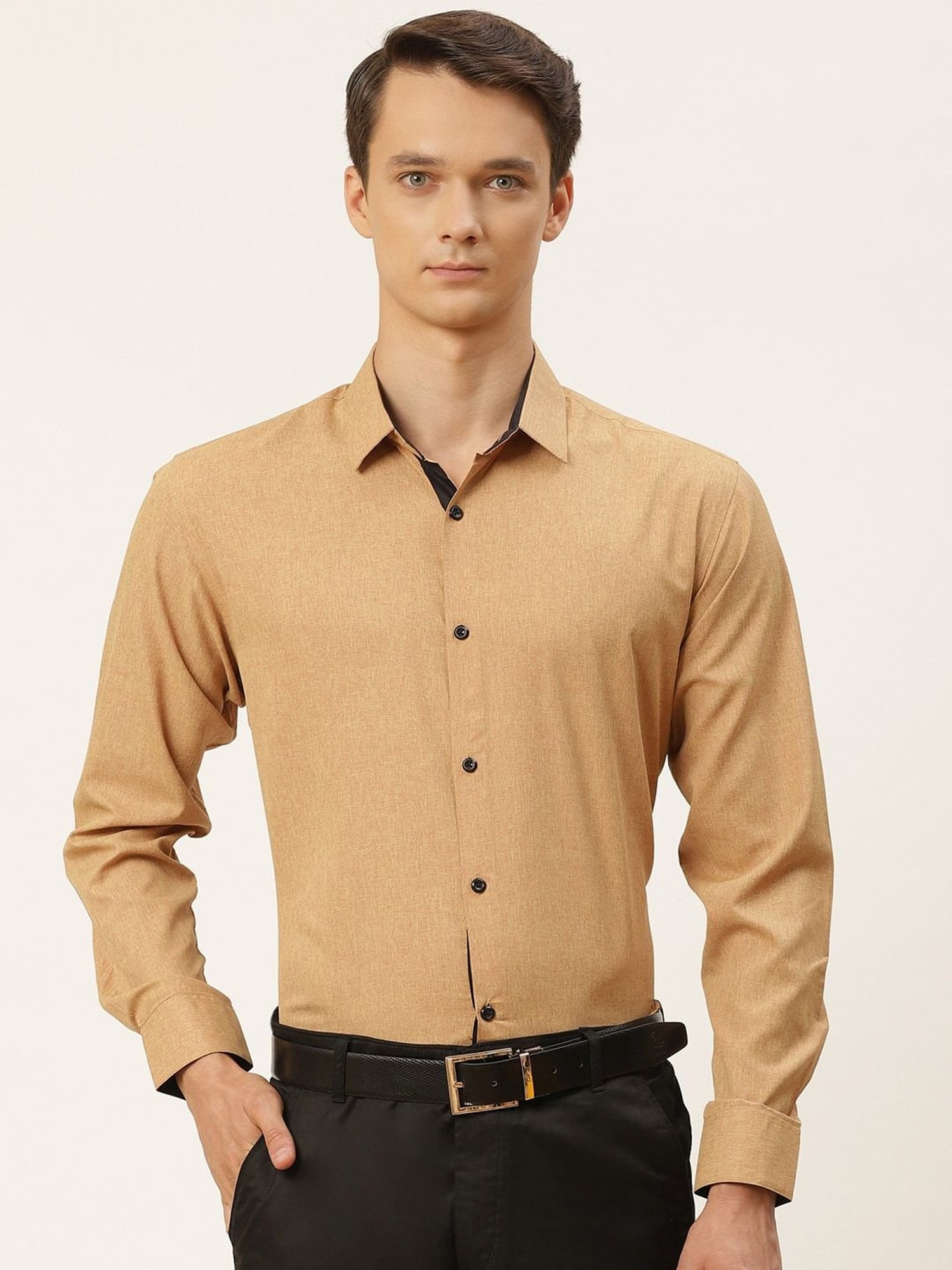 Sojanya Light Brown Cotton Regular Fit Self Pattern Shirt