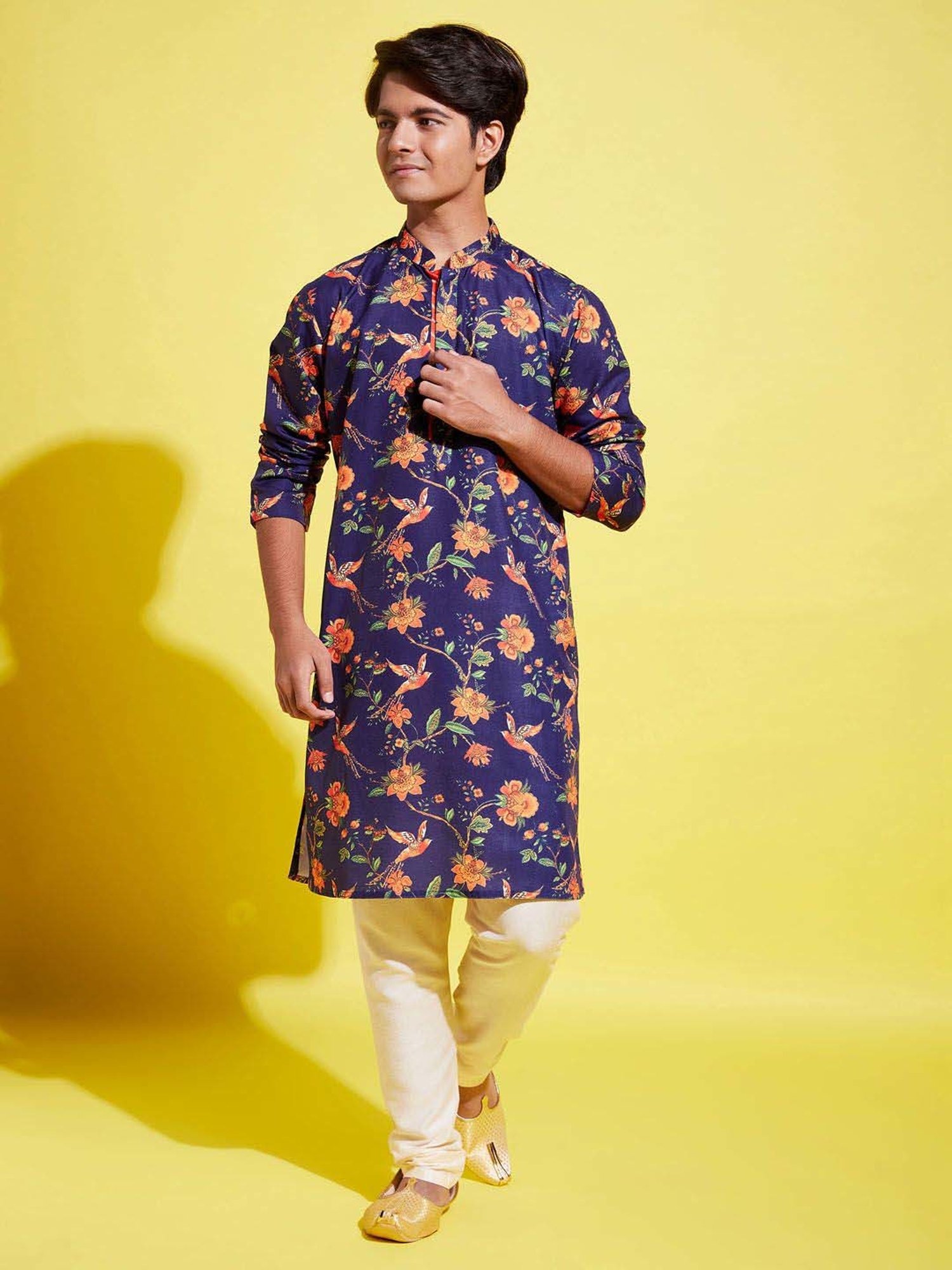 VASTRAMAY Boys Navy & Cream Floral Full Sleeves Kurta Sets