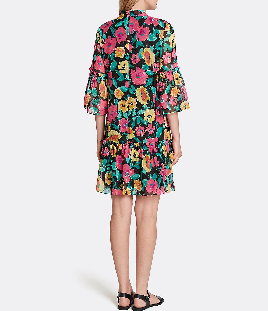 Tahari ASL Floral Print Crew Neck Pin Tuck Pleat A-Line Dress