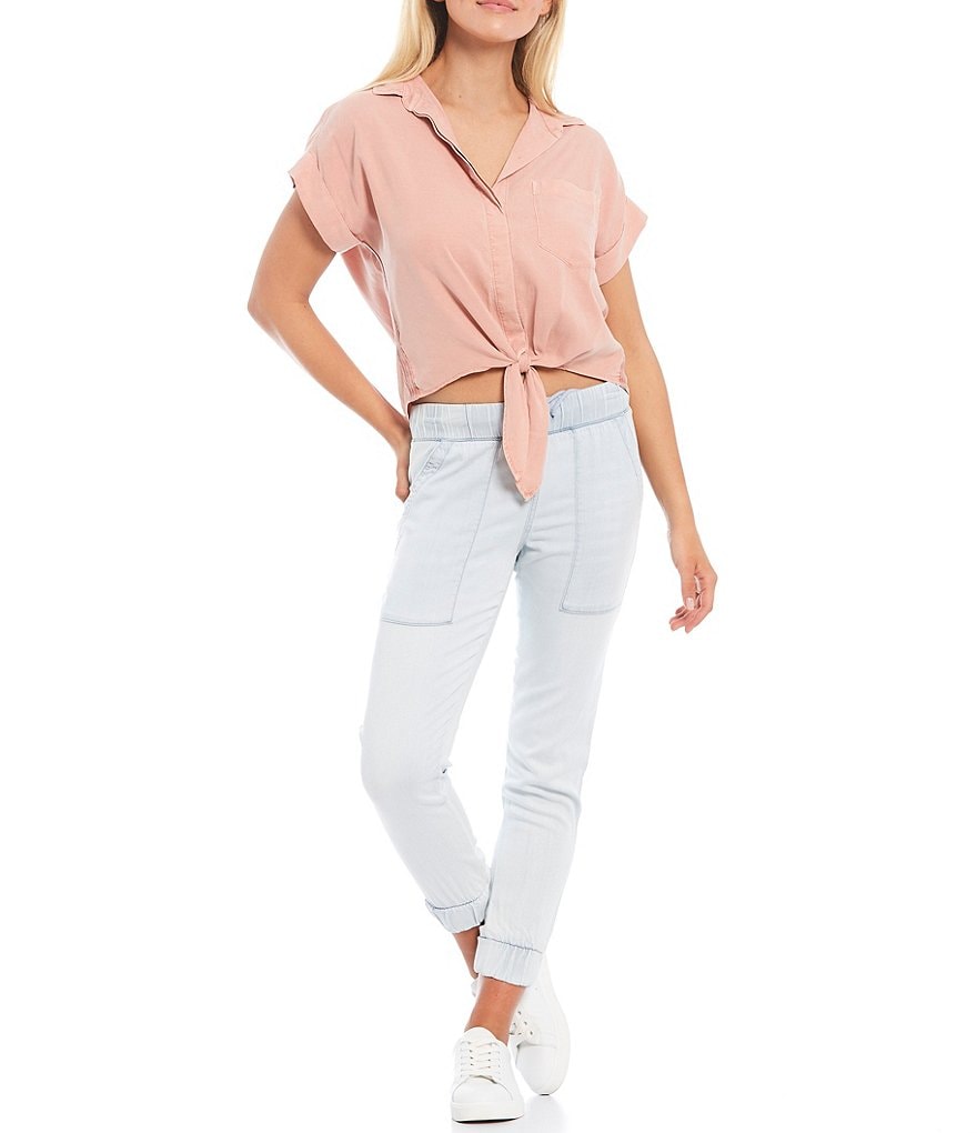 Cloth & Stone Woven Trimmed Short Sleeve Coordinating Tie Front Top