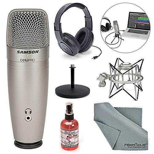 Samson C01U Pro USB Studio Condenser Microphone W/ Spider Shock Mount, Desktop Stand, Microphone sanitizer, Samson Stereo Headphones and FiberTique Cleaning Cloth